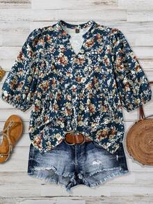 Linhara 加大码束腰七分袖娃娃领优雅花卉印花休闲/工作衬衫，春夏秋三季 - 藏蓝色 - 查看 1