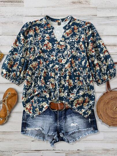 Linhara 加大码束腰七分袖娃娃领优雅花卉印花休闲/工作衬衫，春夏秋三季