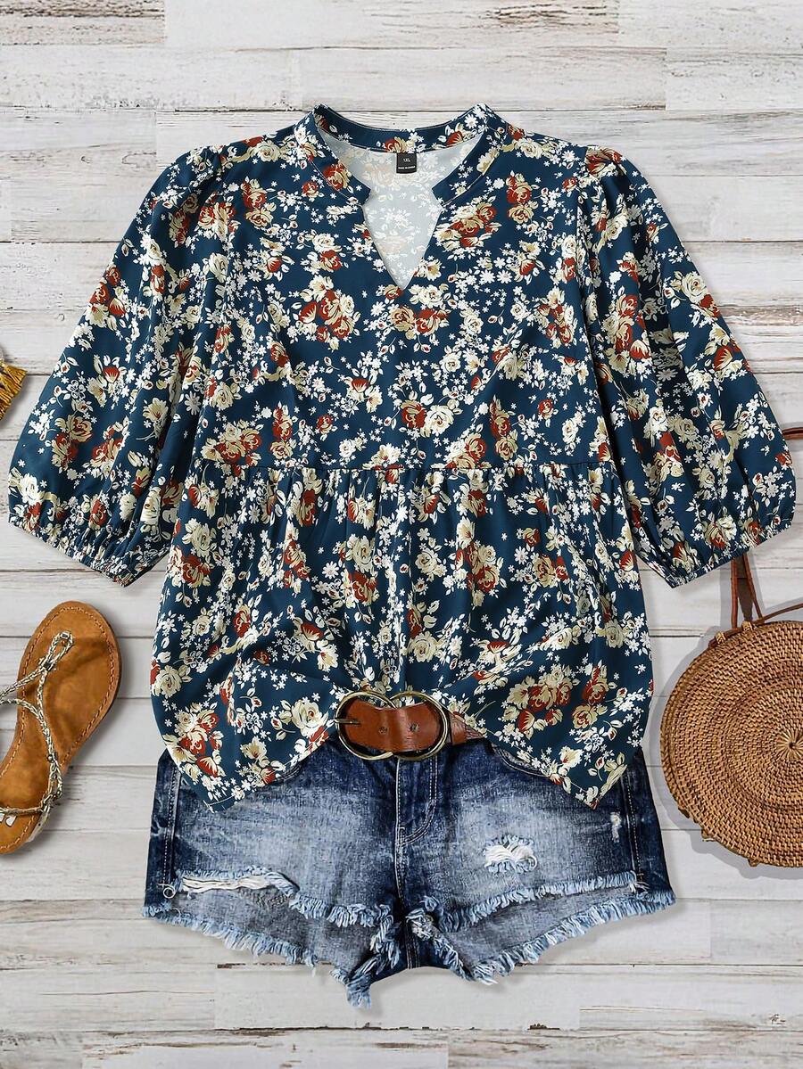 Linhara 加大码束腰七分袖娃娃领优雅花卉印花休闲/工作衬衫，春夏秋三季 - 藏蓝色 - 查看 1