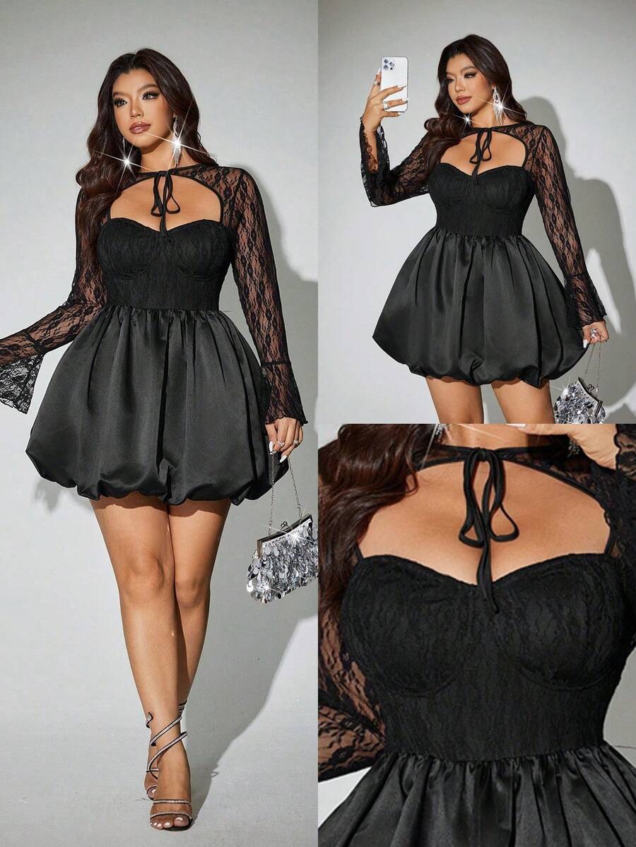 Viva Relle 女士黑色性感长袖蕾丝泡泡下摆迷你连衣裙，适合派对、约会、聚会等场合 - 黑色 - 查看 1