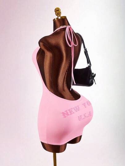 Amplova Y2K Sexy Women's Sexy Letter Embroidery Backless Halter Mini Dress, Summer Summer Dresses For Women Spring Outfit Women Valentine Outfits For Women Party Dress Deep V-Neck, Form-Fitting, Hip-Hugging, Rolled-Up Halter Neck, Tie-Up Lettering, Slogan, Street Style, Sweet And Cool, Waist-Cinching, Sleeveless, Mini Bodycon Dress