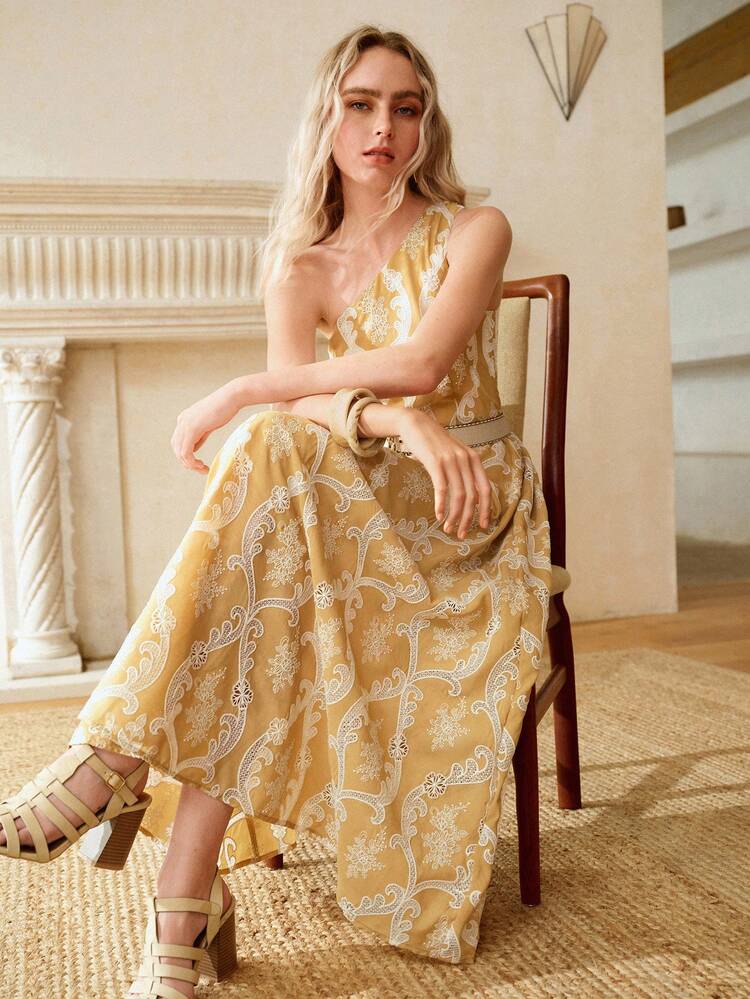 WOMEN'S ROMANTIC EMBROIDERY ASYMMETRICAL NECK DRESS