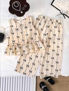 SHEIN LMoss Kids 2件套少女编织蝴蝶结装饰休闲吊带背心和裤子套装 - 黑與白 - 查看 6