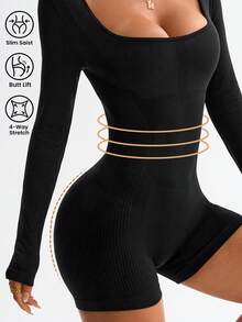 Dewbera 女士无缝高腰收腹短裤和长袖连体裤 - 黑色 - 查看 4