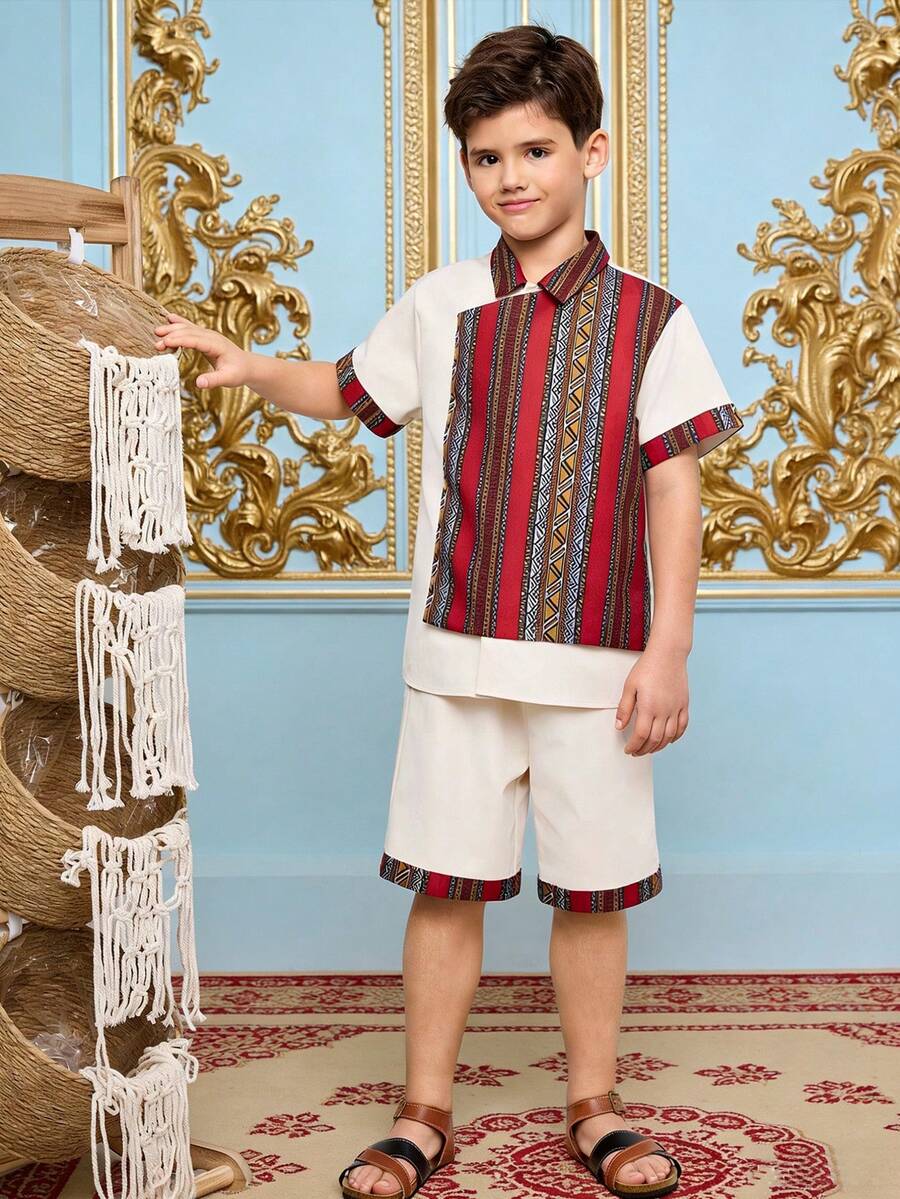SHEIN Bộ 2 quần ống đứng và áo sơ mi tay ngắn cổ vuông thoải mái thường ngày cho bé trai/thiếu niên - Nhiều màu - Xem 1