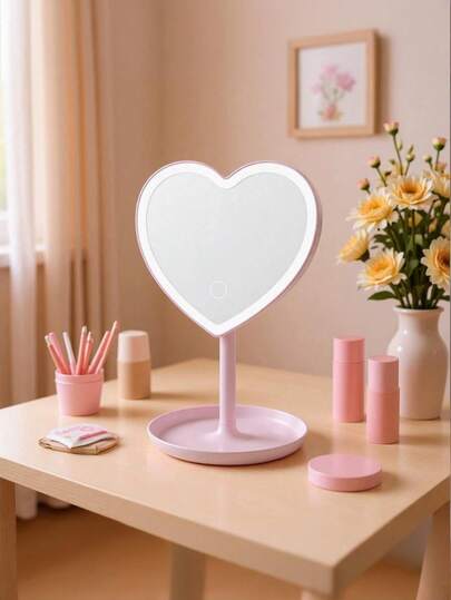 Teckwe Handheld LED Makeup Mirror, Portable Foldable Desktop Makeup Mirror With Heart-Shaped Design | Dual Purpose Travel And Desktop Makeup Mirror With Bright LED Lights | Lightweight And Compact Mirror Suitable For Outdoor Polishing, Home And Travel | Cute Heart-Shaped Makeup Mirror Suitable For Daily Makeup And Skincare, Shipped Without A Dry Battery, Requires Additional Purchase!