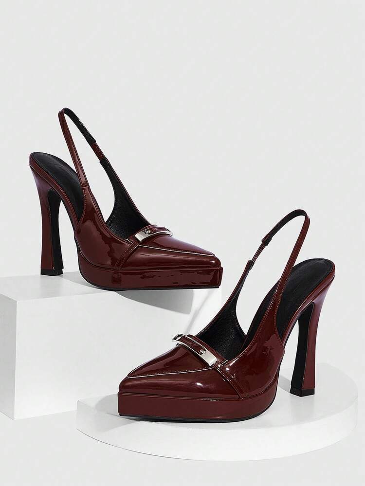 CUCCOO SZL Women's Pointed Toe High Heel Waterproof Platform Shoes, PU Leather, Buckle Decor, Fashionable Minimalist Design, Comfortable For Daily, Party, Banquet, Slip-On Backless Pumps