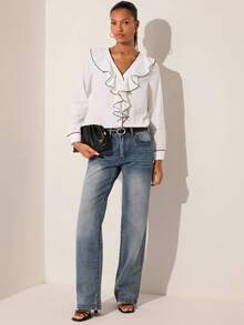 Lilora 女士V领荷叶边拼接时尚百搭通勤长袖衬衫 - 白色 - 查看 5