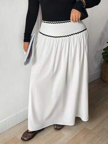 Lounesse Plus Size Women's Black And White Elegant Autumn Tea Party Contrast Design Ruffle Hem Long Skirt,Elastic Waist Boho Slip Skirt For Casual Vacation - Black and White - View 5