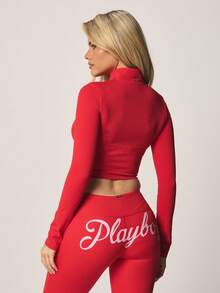 Missguided x Playboy Full-Zip Hooded Track Jacket With Script Logo Long Sleeve Red Athletic Wear Training Outerwear - Red - View 2
