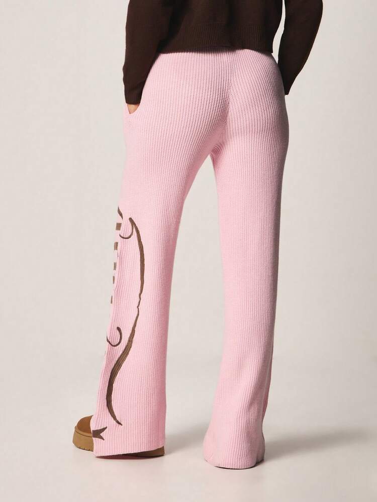Missguided x Playboy Bunny Logo Knit Pink Wide Leg High Rise Palazzo Pants With Gothic Text Detail