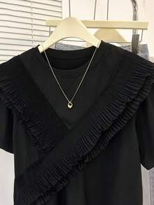 SHEIN Franclia Women's New Round Neck Short Sleeve Black Pleated Ruffle Trim Elegant Casual Commute Fashion T-Shirt, Spring/Summer Black Ruffle Top Black Summer Tops Fringe Shirt Black Blouse For Women Black Short Sleeve Top Black Tops Black Blouses For Women Elegant Women's Tops And Blouses Ladies Clothes Working Blouse New Arrival Blouse Best Saler Latest Tops For Women New Arrivals Blouses For Women New T Shirt Casual Tops For Women Elegant Women's Short Sleeve Tops - Black - View 4