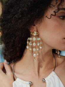 Opalesca 一对复古异域风情夸张流苏长耳环，时尚高端气质耳环，华丽礼服耳环，适合派对、晚宴、各种场合的奢华耳环，复古风格，串珠，婚礼/新娘配饰，仙女风/精灵风，珍珠，秋冬款，送给妈妈/女士/女孩/母亲，优雅，高级，情人节礼物 - 金黃色 - 查看 1