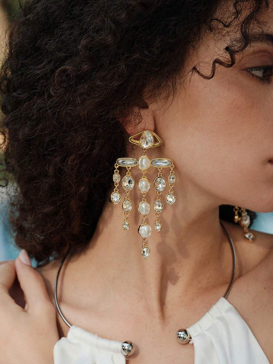 Opalesca 一对复古异域风情夸张流苏长耳环，时尚高端气质耳环，华丽礼服耳环，适合派对、晚宴、各种场合的奢华耳环，复古风格，串珠，婚礼/新娘配饰，仙女风/精灵风，珍珠，秋冬款，送给妈妈/女士/女孩/母亲，优雅，高级，情人节礼物 - 金黃色 - 查看 1