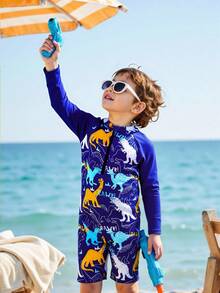 Young Boys Swimwear Cute Blue Dinosaur Printed Knitted Fabric Long Sleeve Zipper One Piece Long Sleeve Jumpsuit Suitable For Summer Vacation Swimming Summer Beach Surfing Pool Summer Party Leisure Vacation - Navy Blue - View 3