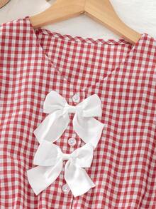 Girls' Red & White Plaid Minimalist Korean Style White 3D Bow Puff Sleeve Waist Shirt - Red and White - View 4