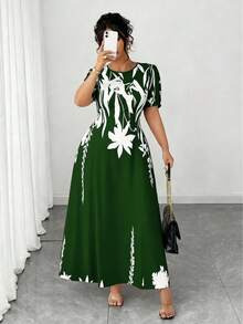 Elenzga Đầm midi dáng chữ A thanh lịch dành cho nữ cỡ lớn, ôm eo, tôn dáng cho mặc hàng ngày và đi làm. - Màu xanh lá cây đậm - Xem 3