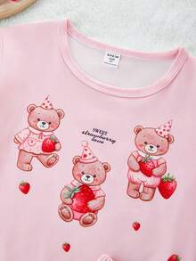 2件套女童小熊印花短裤和短袖上衣，休闲家居服 - 粉色 - 查看 10