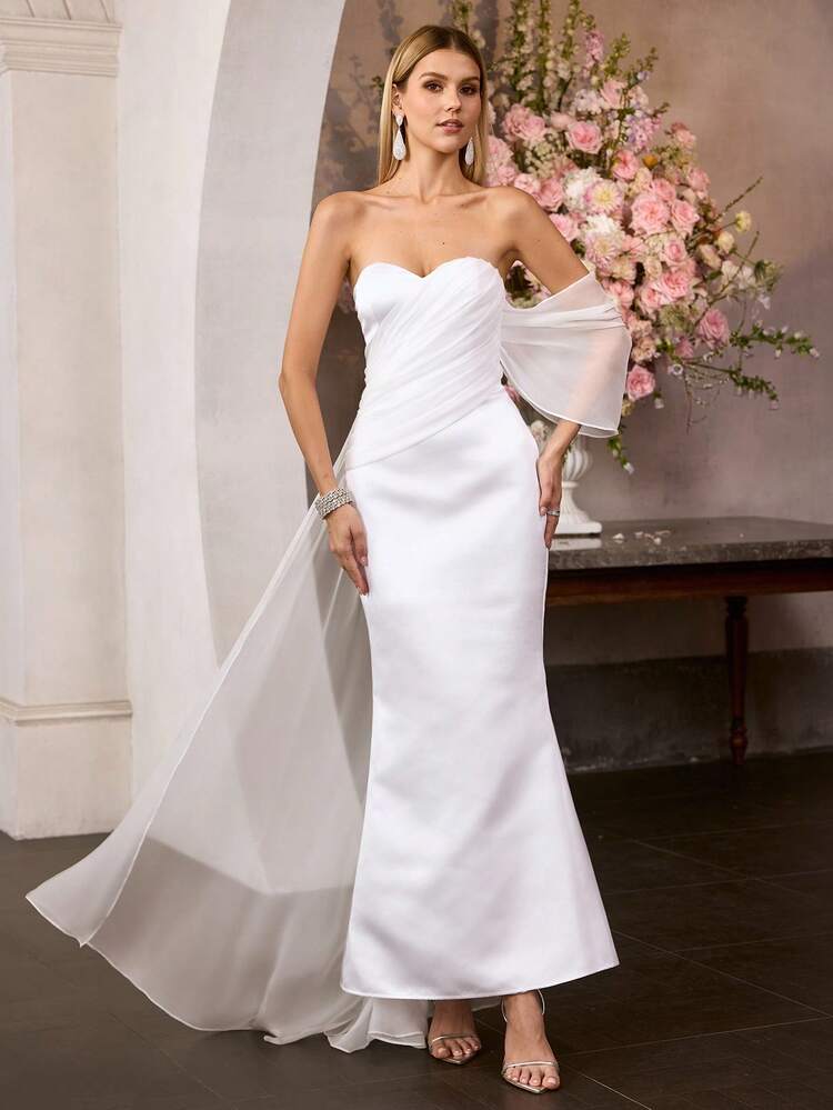 MOTF Soiréza WOMEN'S ELEGANT FORM-FITTING SATIN STRAPLESS MAXI PARTY GOWN WITH CHEST RUCHING, BACK TIE & ASYMMETRIC TULLE TRIM, HIGH SLIT, PERFECT FOR WEDDINGS, GALAS, VALENTINE'S & CHRISTMAS