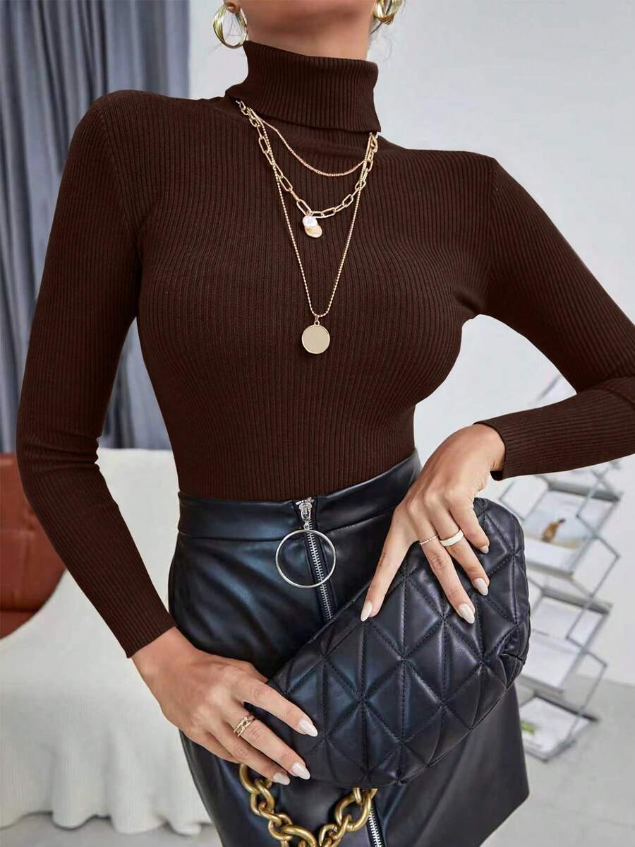 Cévolie Women's Solid Color Turtleneck Long Sleeve Fitted Pullover Sweater, Versatile For Autumn/Winter - Coffee Brown - View 1