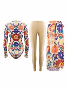 Swim Mulvari Women's New Printed Round Neck Long Sleeve One-Piece Swimsuit, Fitted Long Pants And Beach Skirt 3 Pieces Set - Multicolor - View 7