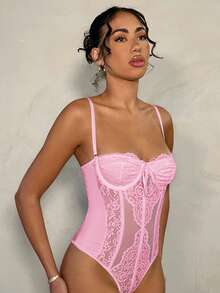 SHEIN BAE 浪漫白色蕾丝拼接可拆卸肩带紧身胸衣连体衣，适合浪漫约会、闺蜜聚会、早春郊游、派对活动 - 束身胸衣、演唱会服装、性感连体衣、春季女装、情人节服装 - 粉色 - 查看 5