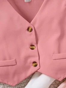 SHEIN Elladie kids 3件套女童春秋季派对套装，包括无袖背心、阔腿裤、长袖高领上衣，时尚休闲户外装，粉色无袖纽扣背心，舒适针织高领上衣，阔腿裤，时尚欧美风少女服装套装，粉色商务套装，春秋季女童裤装套装 - 粉色 - 查看 5