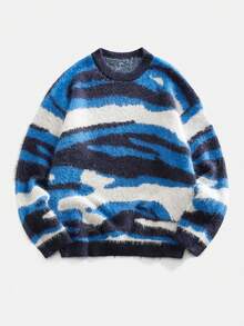 ROMWE MEN Áo len nam dáng rộng cổ tròn, vai rớt, phối màu tương phản, phong cách thường ngày, thích hợp cho đi làm, thời trang đường phố, thu đông. - Nhiều màu - Xem 1