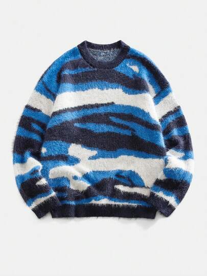 Suéter holgado de cuello redondo con hombros caídos y patrón de color contrastante, para uso casual, diario y de calle, para otoño/invierno