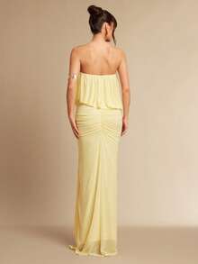 Silquee Elegant Pale Yellow Summer Vacation Dress,Strapless Pleated Side-Slit Loose-Fitting Mesh Gown,Sophisticated Abaya For Women Wedding Social Events - Yellow - View 2