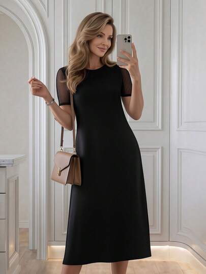 Miaspire 여성용 우아한 통근 메쉬 패치워크 반소매 미디 드레스