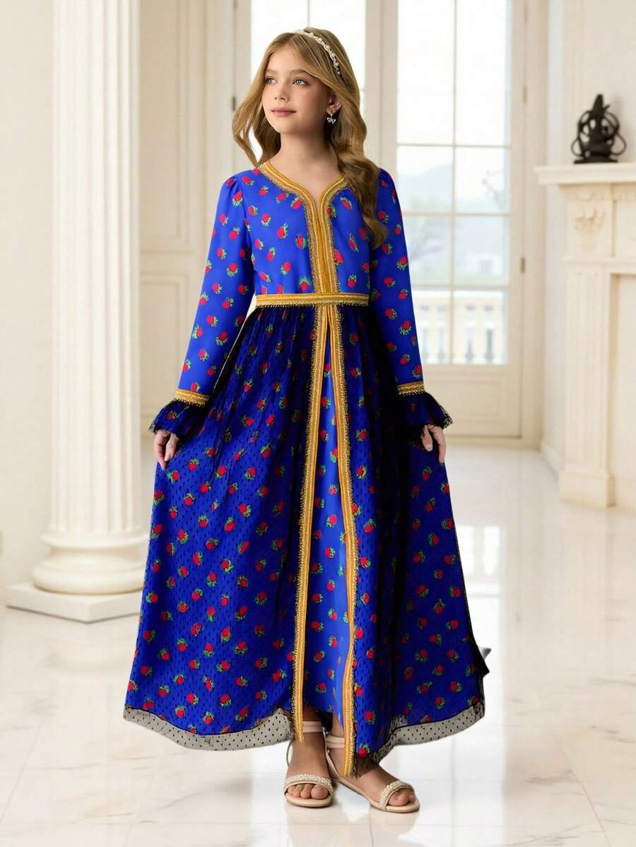 Tween Girls' Elegant Blue Floral Dress - Blue - View 1