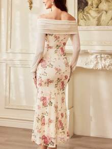 Vintamour فستان نسائي أنيق بطبعة زهرية على الكتف مع تصميم متقاطع ومطوي، مناسب للحفلات والعطلات، بتصميم ضيق وذيل سمكة، فساتين شتوية للنساء، فستان عيد الحب، ملابس عيد الحب للنساء، فستان رأس السنة، فساتين رأس السنة للنساء، ملابس رأس السنة، ملابس حفلة رأس السنة للنساء، فساتين أنيقة للنساء، فساتين أنيقة للسيدات، ملابس العطلات للنساء، فساتين أنيقة للحفلات، ملابس الربيع - لون مشمشي - مشاهدة 6