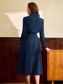 Vintamour 复古优雅两件套灯芯绒方领A字连衣裙长袖短款外套，珍珠纽扣，秋冬女装，女士外套，女士套装，新年礼服，冬季女装外套，两件套，冬季服装，圣诞节女装，圣诞节服装，红色长袖女士两件套，圣诞节女装，圣诞派对礼服，圣诞节服装，感恩节礼服，红色外套，冬季女装套装 - 藏蓝色 - 查看 4