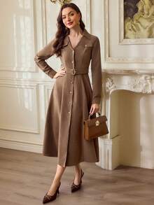 Vintamour Vintage Classic Elegant Women's Dress, Autumn/Winter, Fitted, Metal Button, Collar, Long Sleeve, Belt, Coffee Brown Color, Pocket Flap - Coffee Brown - View 5