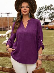 EMERY ROSE Plus Size Solid Color Notched Collar Casual Rolled Sleeve Shirt V Neck Blouses For Women Purple Blouse Women Plus Size Casual Tops - Purple - View 3
