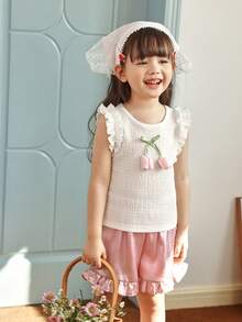 SHEIN Setelan Baju Bayi Perempuan (Ukuran Kecil) Rajut Jacquard Warna Krem dengan Hiasan Rumbai dan Celana Pendek Warna Pink dengan Hiasan Rumbai, Pakaian Musim Panas Bayi yang Lucu dan Menggemaskan - Berwarna merah muda - View 5