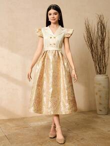 Vestido elegante para adolescentes com patchwork jacquard e barra com babados, primavera/verão. - Damasco - Ver 1