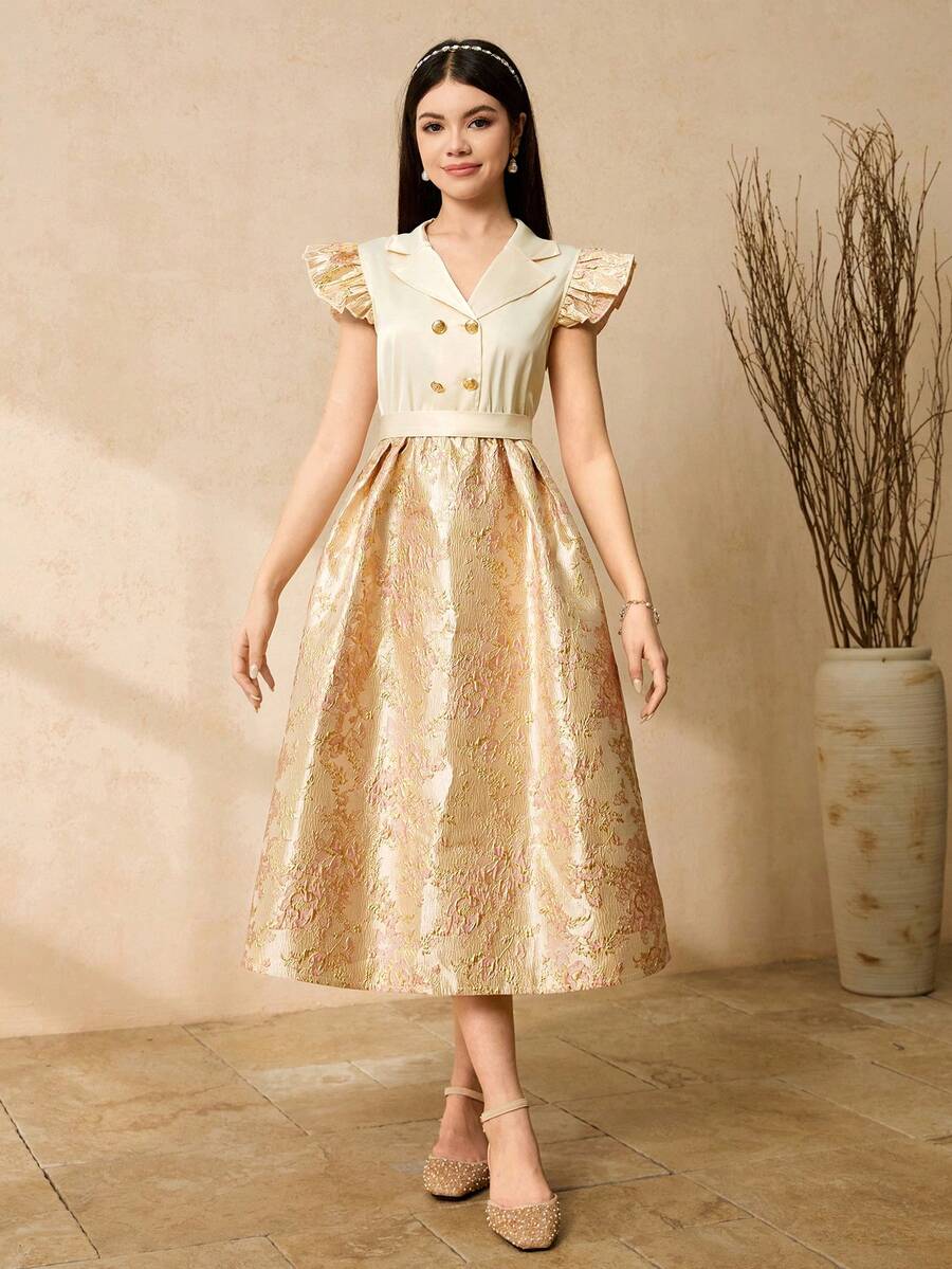 Vestido elegante para adolescentes com patchwork jacquard e barra com babados, primavera/verão. - Damasco - Ver 1
