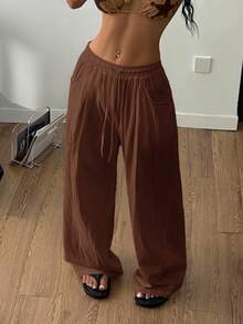 Coolane Women's Summer Minimalist Boho Vacation Outfits Casual Basic Daily Wear Linen Comfortable Low Rise Baggy Pants - Rust Brown - View 5