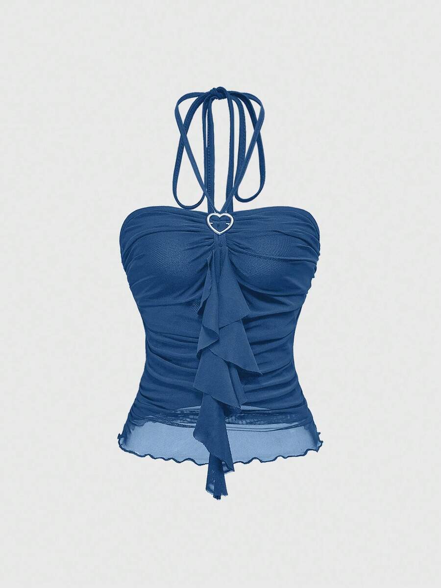 ROMWE Kawaii Women's Solid Color Halter Neck Spaghetti Strap Ruffle Hem Heart Decor Camisole - Blue - View 1