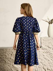 Flower Girl & Big Girl High-End Palace Style Gold Foil Puff Sleeve Elegant Party Summer Dress,Navy Blue And White Embroidered Princess Formal Gown - Blue - View 2