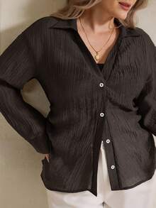 Elegantrix 大码女士休闲透视纹理V领收腰衬衫，适合春夏度假穿着 - 棕色 - 查看 1