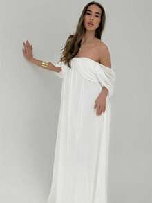 Aloruh Women's Elegant Off-Shoulder Flowy Loose White Dress ,Summer Dress - White - View 9