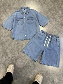 SHEIN 2Pcs Teen Boy Fashion Casual Y2k Vintage Cool Street Simple And Comfortable Blue Denim Short-Sleeved Shirt And Loose Comfortable Elastic Band Drawstring Design Denim Shorts For Kids Clothes Teen Boy Dailywear And Kids Spring And Summer Rave Outfits Festival And Outfits Streetwear Clothes - Blue - View 6