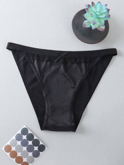 1 pieza Tanga de mujer de unicolor con contraste de encaje y decoración de lazo