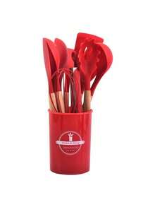 12Pcs/Set Wood Handle Non-Stick Silicone Kitchen Cooking Utensil Set, Heat Resistant Silicone Cookware With Storage Bucket - Multicolor - View 7