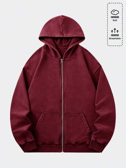 Casual Chaqueta con capucha de sudadera vintage lavada y holgada para hombre (con refuerzo en el cuello, el bajo y las costuras de los hombros para evitar la deformación) con cremallera de metal