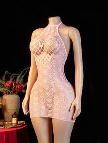 PetitDoll 1pc Women's Heart Hollow Design Halter Neck Sexy Mesh Skirt - Pink - View 5