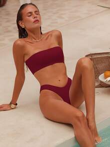 Swim Chiccia Women's Beach Vacation Casual Bandeau Bikini Set - Red - View 5